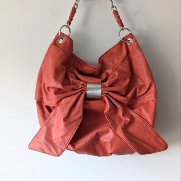 Large coral bow faux leather hobo bag - Picture 1 of 8
